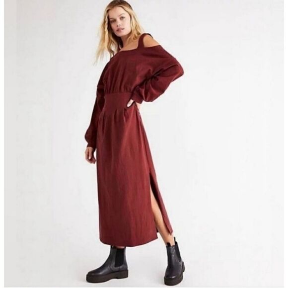 Free People Beach Ibiza One Shoulder Midi Dress in Burnt Burgundy Size Medium - Picture 1 of 12